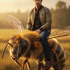 Hyper-realistic photo of person riding a giant realistic honeybee